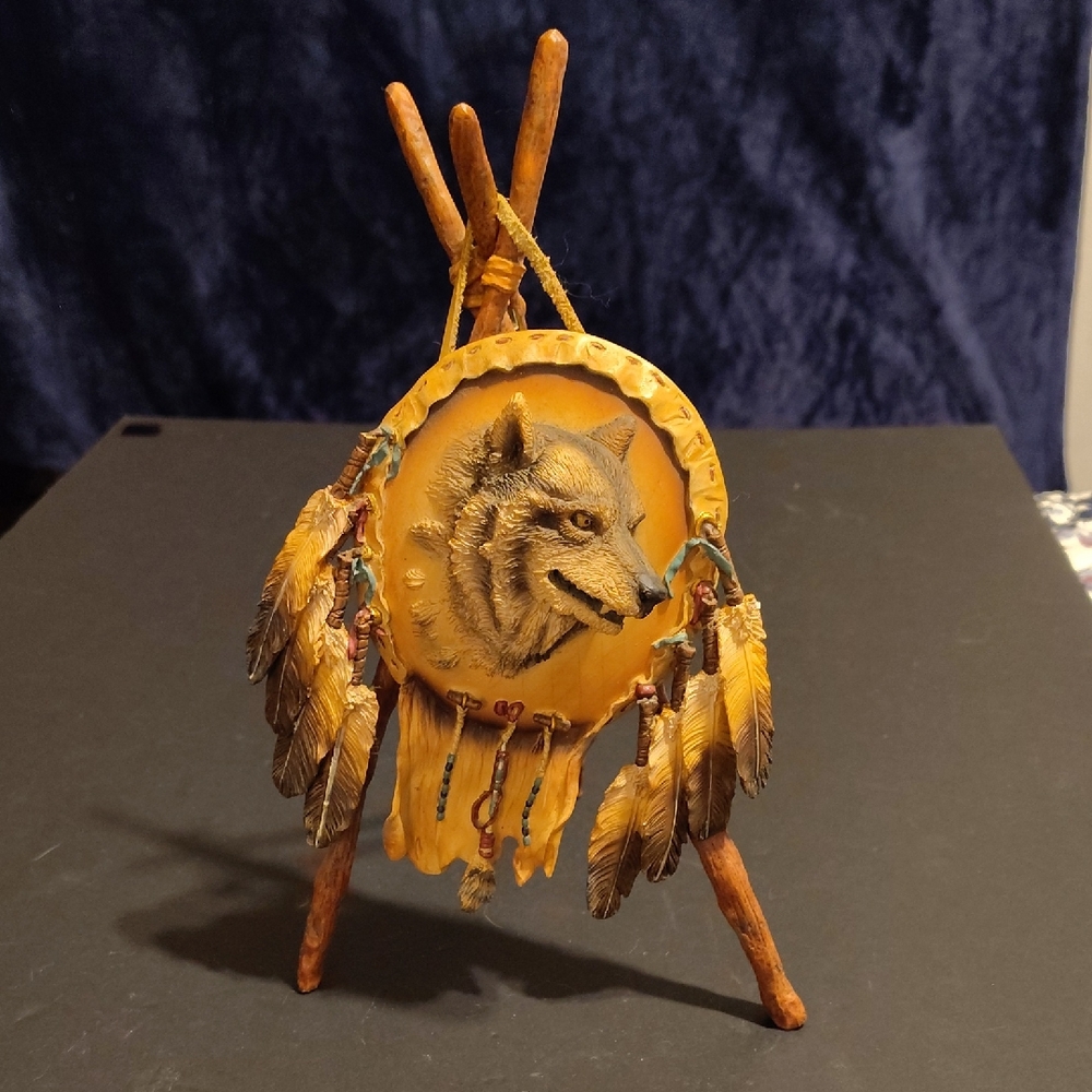 Wolf Art Sculpture with Feathers